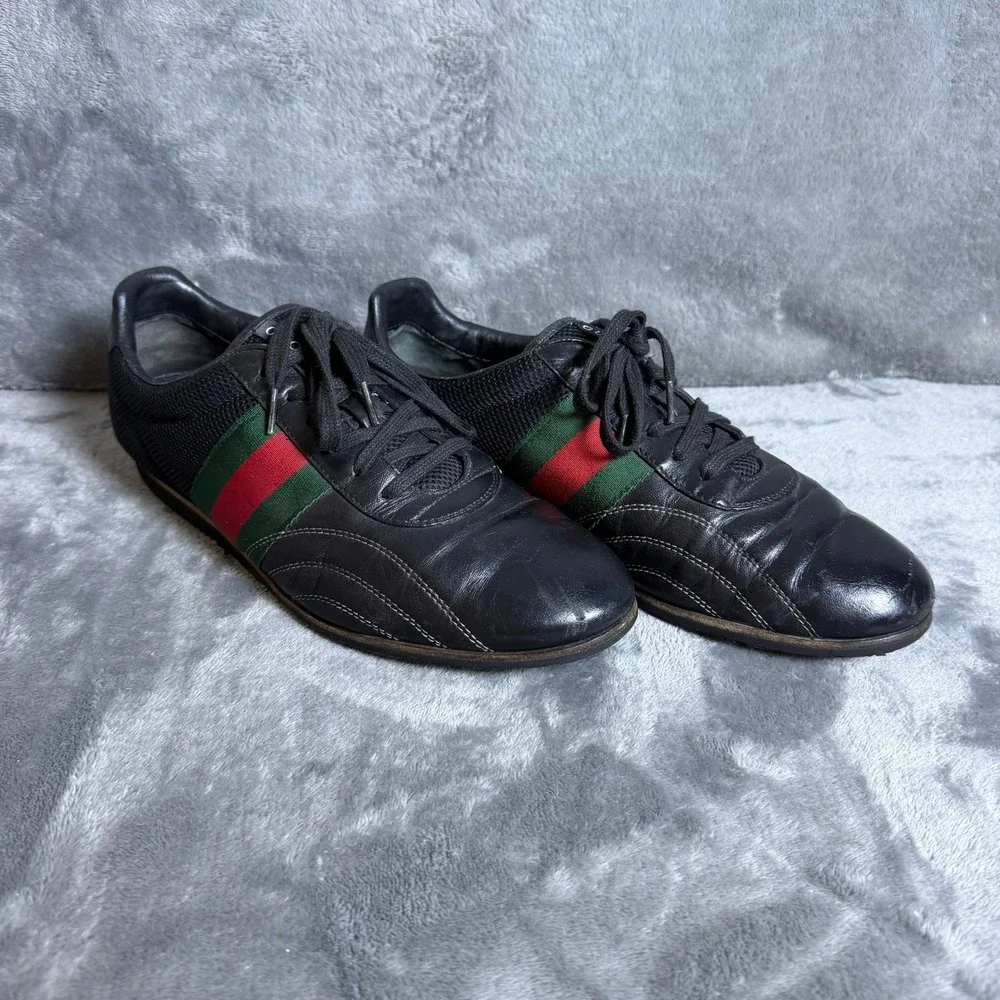 Gucci Mens Black Leather Mesh Web Stripe Sneakers 295197 Size 8 G
